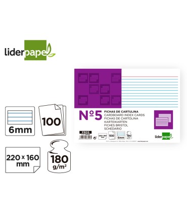 Ficha liderpapel rayada nº5 160x220 mm 180g m2 paquete de 100 unidades